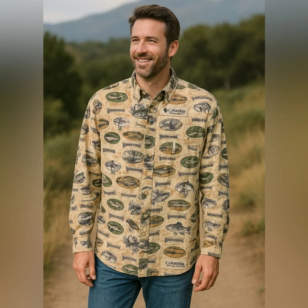 Columbia Yellowstone Wildlife Print Shirt 100% Cotton Vintage Outdoors Size XXL